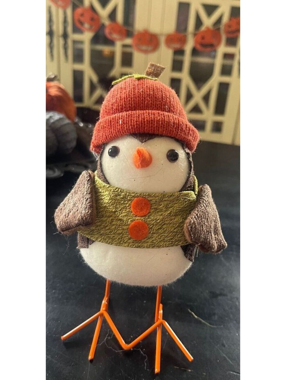 Adorable Autumn Bird Figurine with Knit Pumpkin Hat and Orange Legs